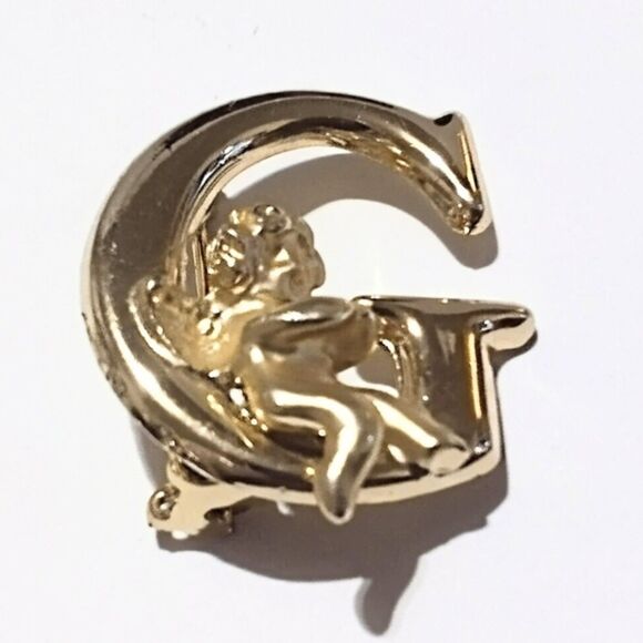 Vintage L. Razza Signed Gold Tone Initial G Brooch with Sitting Angel - Picture 2 of 4